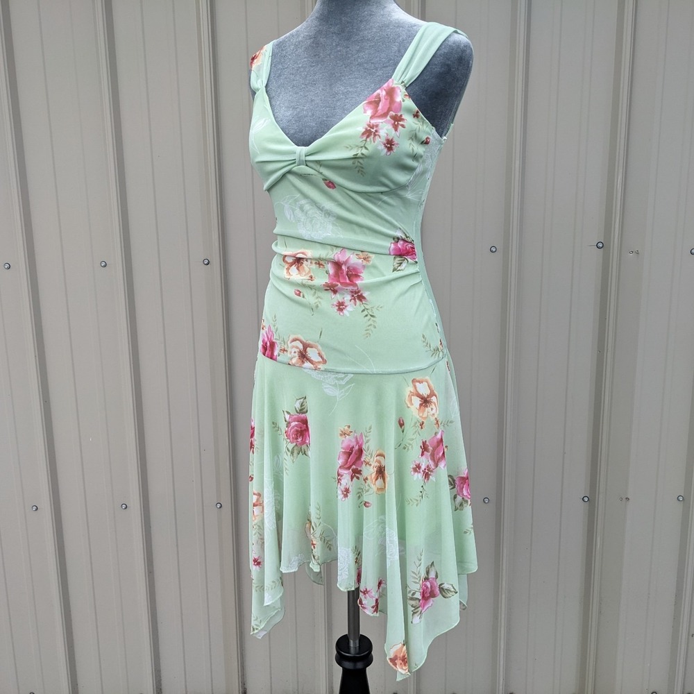 Vintage Y2K Floral Asymmetrical Fairy Dress XS Sheer Mesh Overlay Drop Waist - Picture 8 of 15